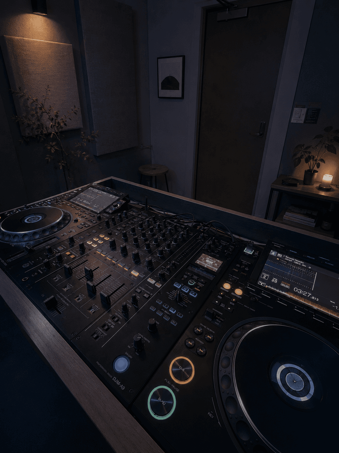 Booth Studio Boston — CDJ-3000 players and a DJM-A9 mixer under low light